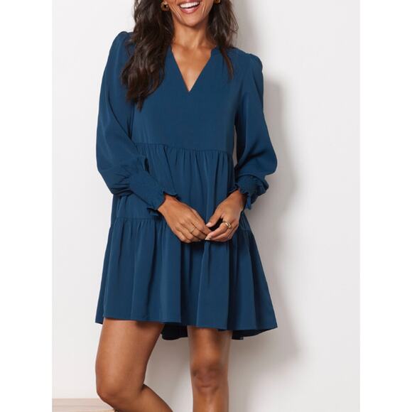 OPT Small Teal Blue Bay VNeck Tiered Long Sleeve Dress Cocktail Smocked Cuffs - Picture 11 of 12